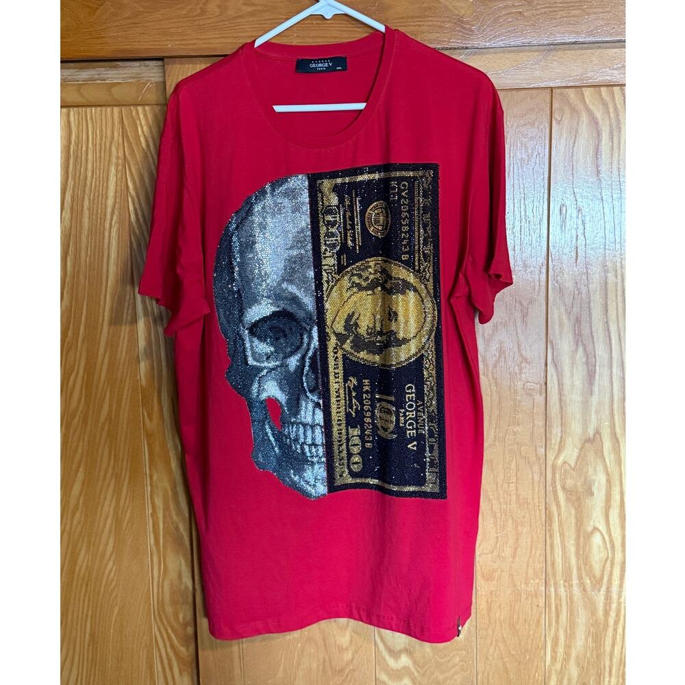 Avenue George V Paris Red Rhinestone Skull Dollar Bill Tee - 3XL